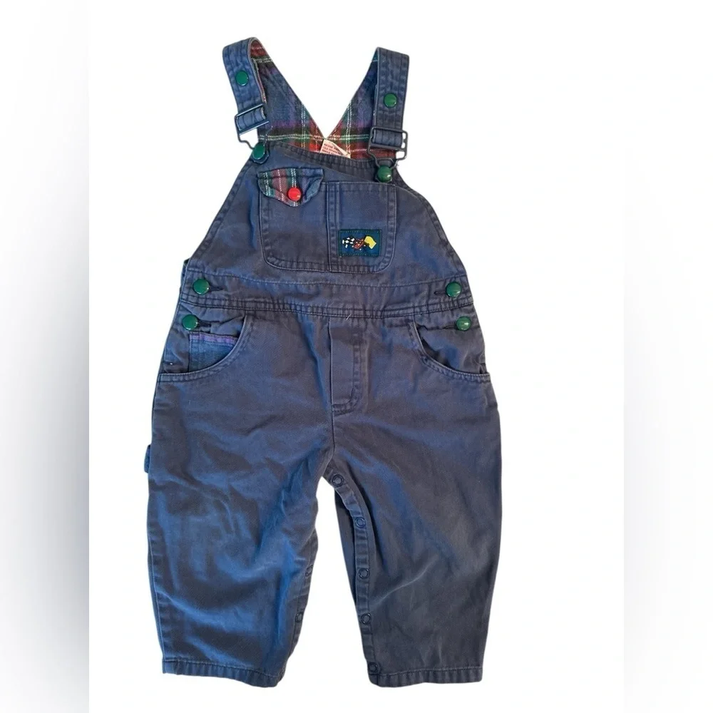 Vintage Gymboree 90s Rainbow Tag Boys XS Blue Overalls Plaid Race Car Front